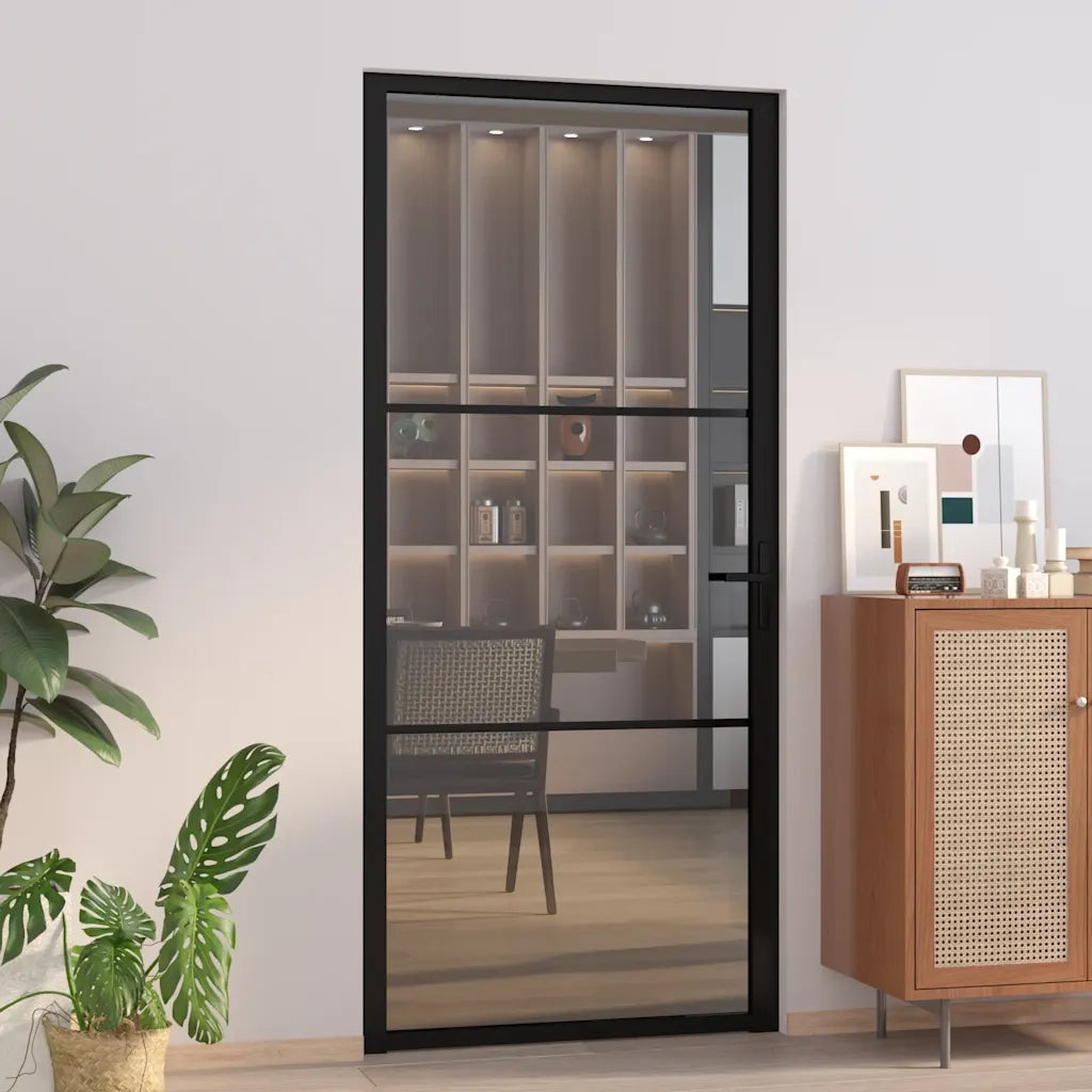 Porta Interna 93x201,5 cm Nera in Vetro ESG e Alluminio 350562