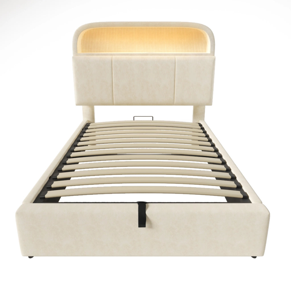 Letto singolo 90x200 cm con contenitore; testiera regolabile; LED e porta USB C; velluto beige
