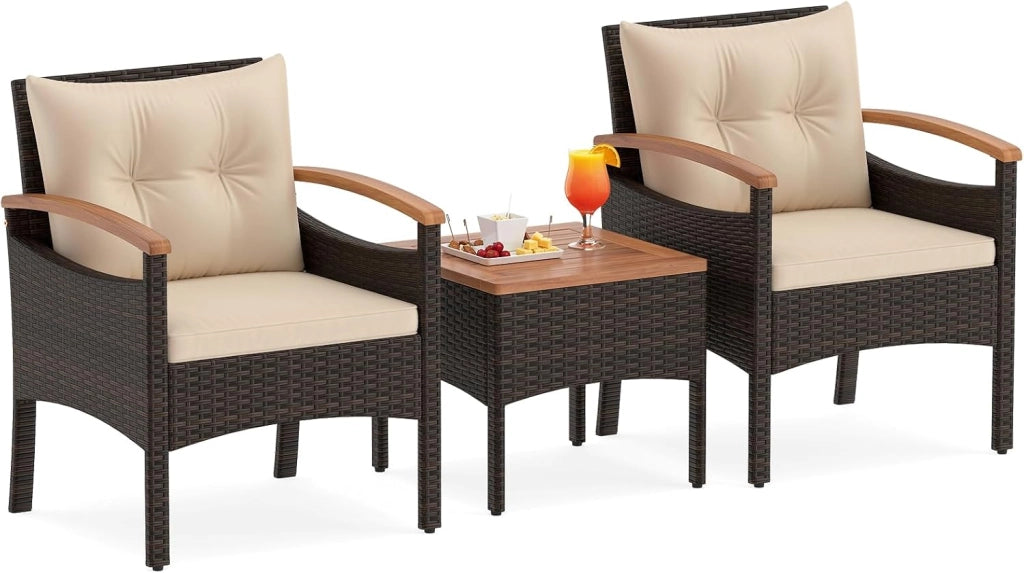 Salotto da Giardino in Rattan PE, Salottino da Esterno 3 Pz, 2 Poltrone con Braccioli e Schienale, 1 Tavolino con Piano in Legno Massello, per Terrazzo, Balcone, Patio (Marrone+Beige)