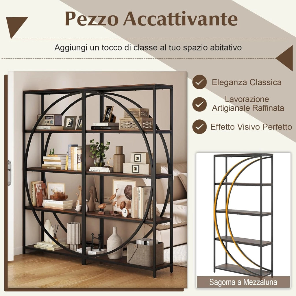 Libreria a 5 Ripiani, Scaffale Alto Indipendente con Design a Mezzaluna, Struttura in Metallo, Libreria da Parete per Soggiorno, Ufficio e Studio, 86 x 30 x 175 cm (Marrone Rustico)