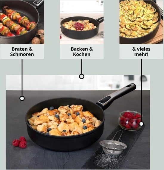 Piastra per biscotti a plasma con bordo alto 26 cm coperchio in vetro - padella ceramica resistente al forno - capacità 32 l - maniglia rimovibile - compatibile con tutte le fonti di calore