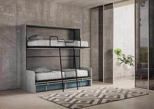 Letto Doppio A Scomparsa Kando Con Divano Con Materassi Cemento e Azzurro