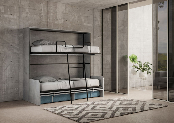 Letto Doppio A Scomparsa Kando Con Divano Con Materassi Cemento e Azzurro