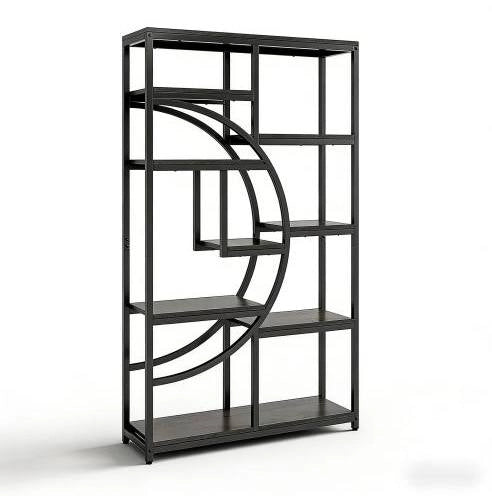 Libreria geometrica a 9 ripiani aperti in metallo nero e legno