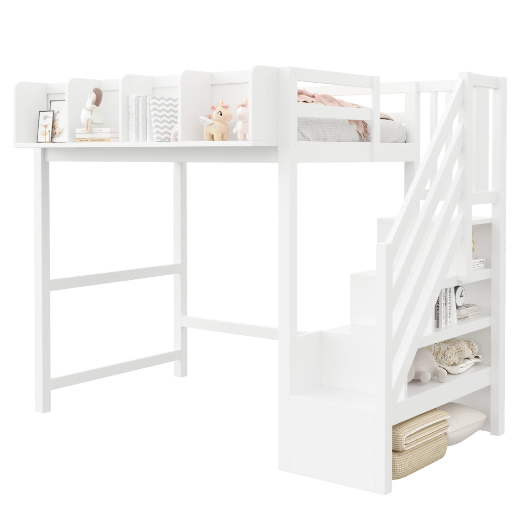 Letto a soppalco 90x200 cm con LED; scaletta e vani portaoggetti in legno bianco