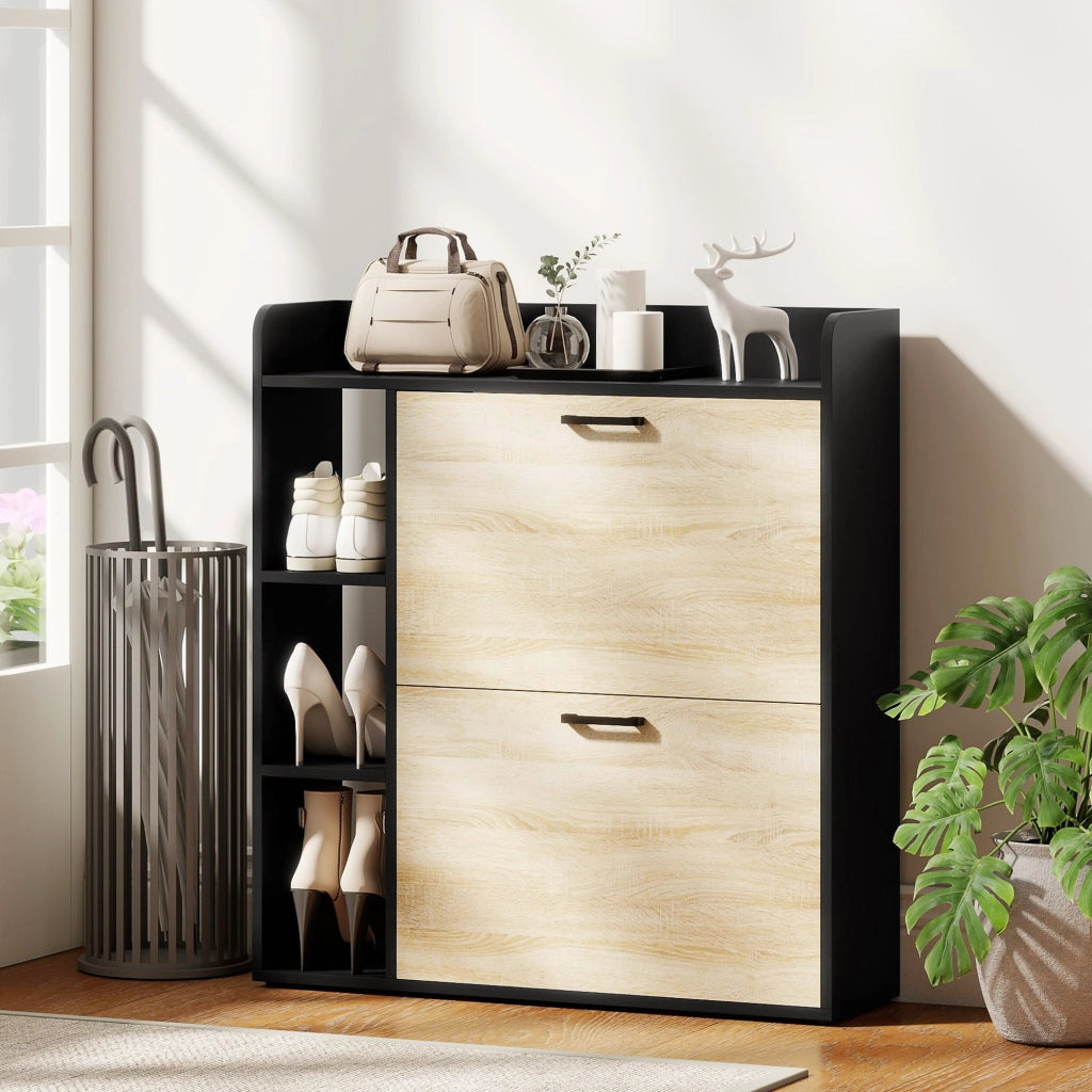Scarpiera con 2 Cassetti e 3 Vani Aperti ¨C zephmum ¨C Nero 83x24x90.5 cm