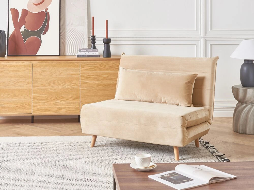 Divano letto piccolo in velluto beige 1 posto letto pieghevole senza braccioli scandinavo
