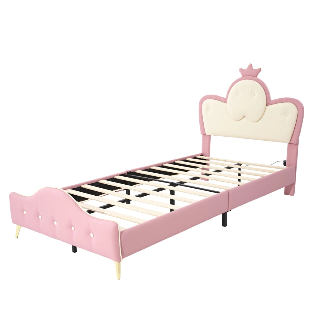 Letto singolo per bambini 90x200 in PU rosa e bianco， corona， LED， senza materasso