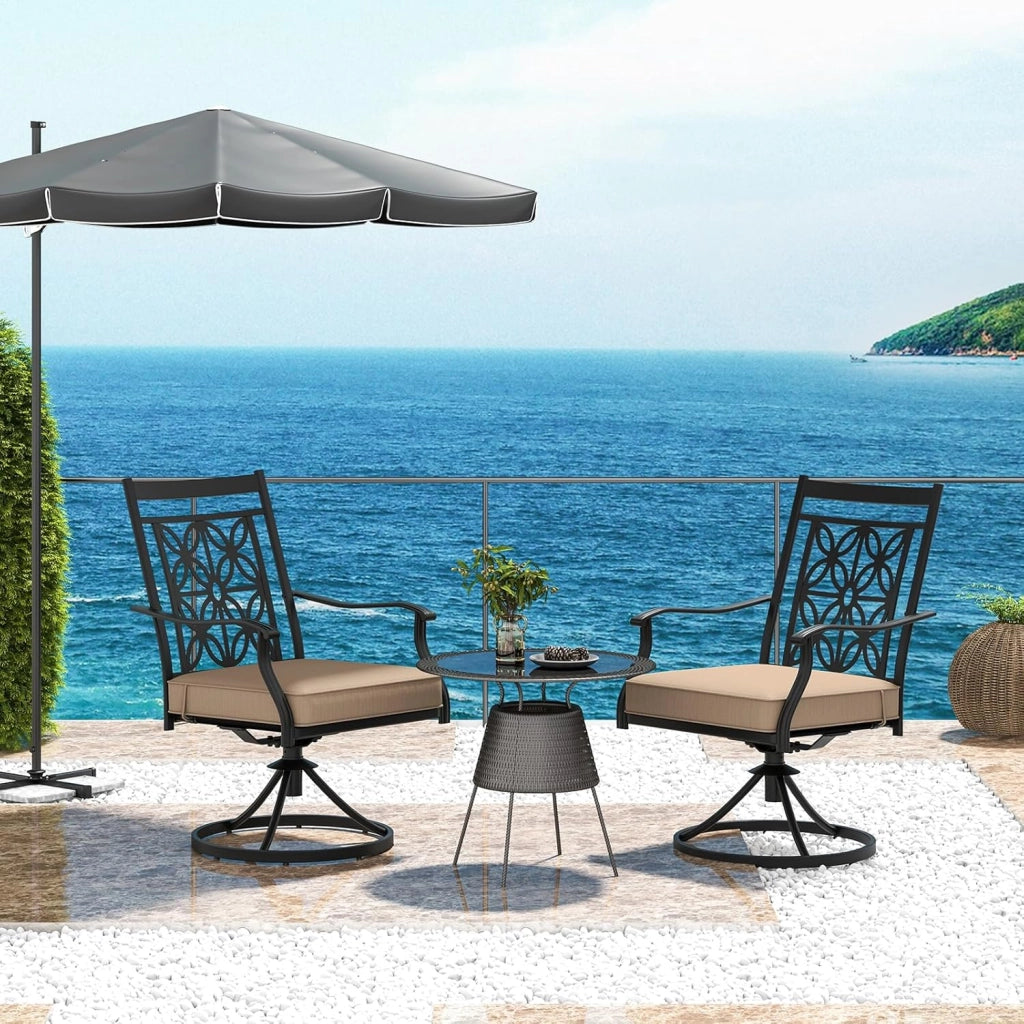 Sedie Girevoli per Giardino, Set di 2 Sedie da Esterno con Telaio in Metallo Resistente, Cuscino Morbido, Schienale a Motivo Floreale, Sedia Girevole per Giardino e Balcone