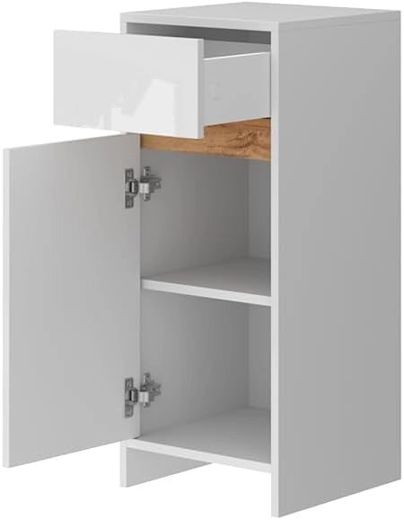 Mobiletto midi Detmold, Bianco lucido/oro power oak, 35 x 82 cm con anta e cassetto, adatto per montaggio a parete e combinabile con la serie Detmold