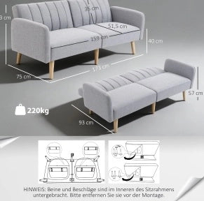 Divano letto 2 posti con schienale regolabile e gambe in legno, 173x75x73 cm, grigio