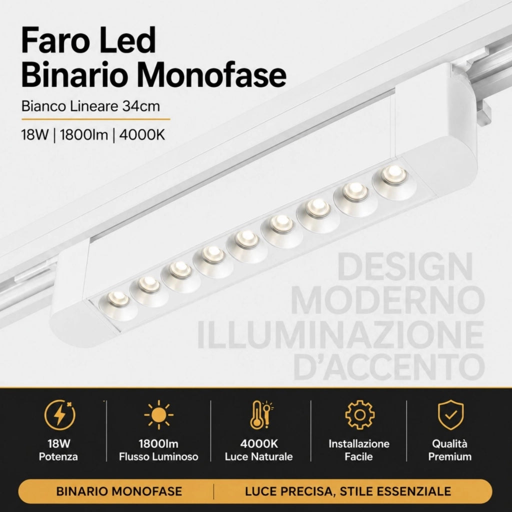 Faro Led Binario Monofase, Bianco Lineare 34cm 18W 1800lm 24° Orientabile, Disponibili 3000K 4000K (Bianco Neutro 4000K)