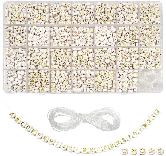 Collezione di perle in acrilico 1440 pezzi - lettere dorate - collane e bracciali DIY - 7 mm rotonde - corda elastica 15 m - set di perle