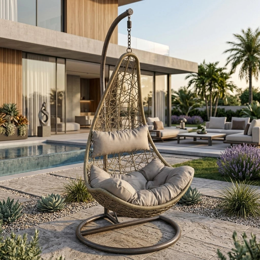 Poltrona Amaca Sospesa Con Telaio Indipendente In Metallo Seduta Ergonomica In Polyrattan E Cuscino Morbido Con Appoggiatesta Arredo Relax Per Giardino Patio Terrazzo E Balcone 105 x 195 Cm Beige
