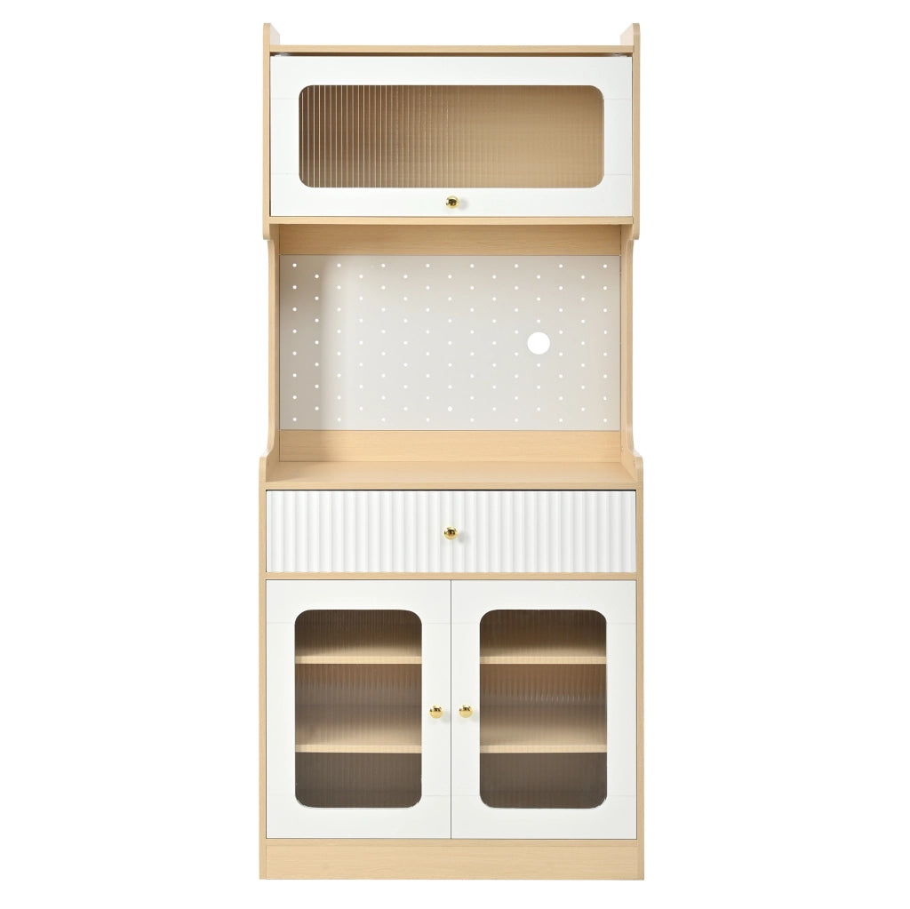 Credenza 80x40x180 cm con ripiani regolabili; cassetto; illuminazione LED; MDF e pannello truciolare; naturale e bianco