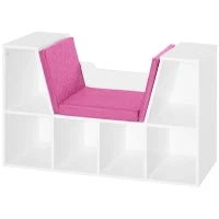 Libreria Panca 2 in 1, Design Contemporaneo, 6 Scomparti, 3 Cuscini Inclus,i 102L x 30P x 61H cm, Bianco e Rosa