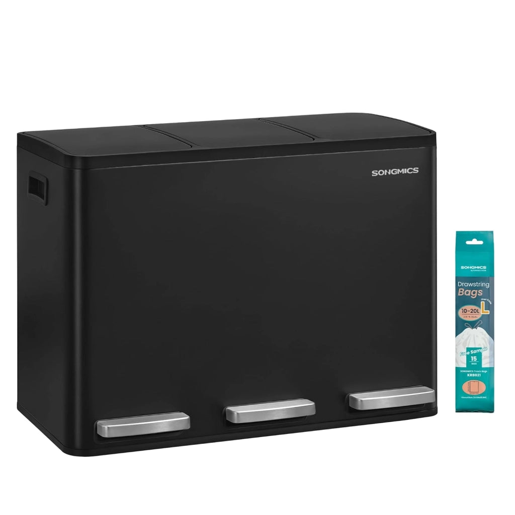 SONGMICS Pattumiera Cucina 3 x 15 L, Cestino per Raccolta Differenziata 3 Scomparti, 15 Sacchetti, Secchi Rimovibili, Coperchio, Maniglie, Chiusura Morbida, Acciaio, Nero Inchiostro LTB145BZ02