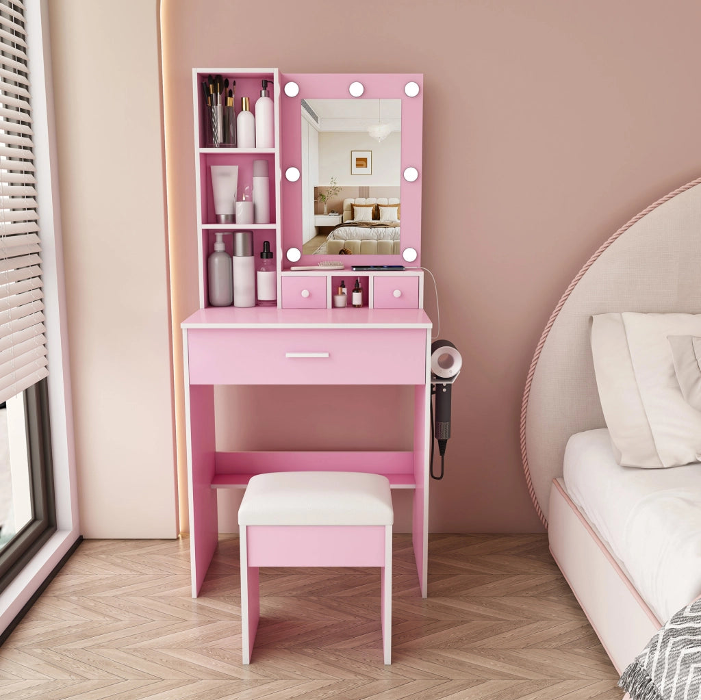 Tavolo da trucco con specchio LED a 3 tonalità; presa e supporto phon; rosa; 60 x 38 x 131;5 cm