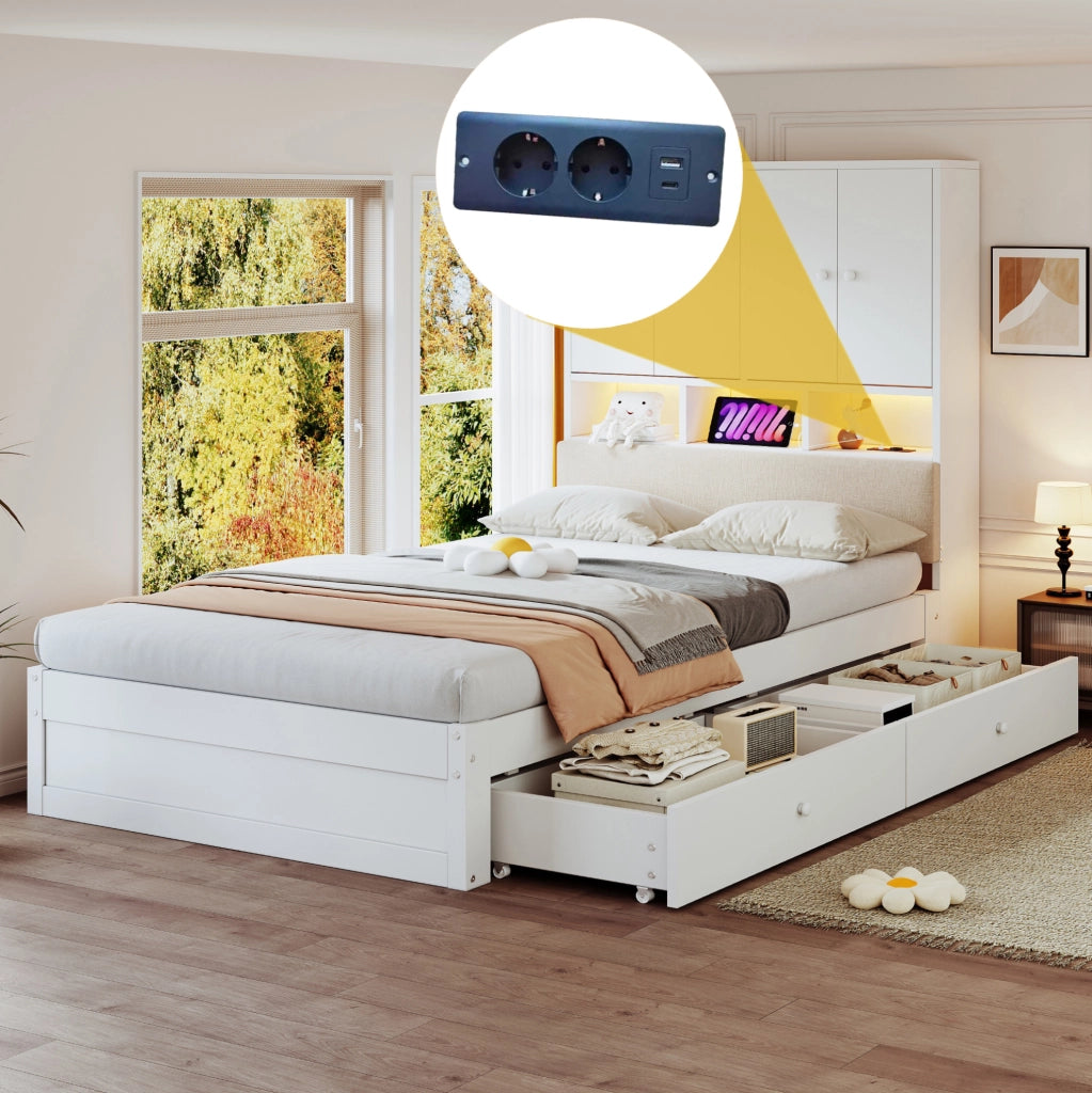 Letto singolo multifunzionale 90x200 cm con LED; presa; cassetti e testiera imbottita; bianco