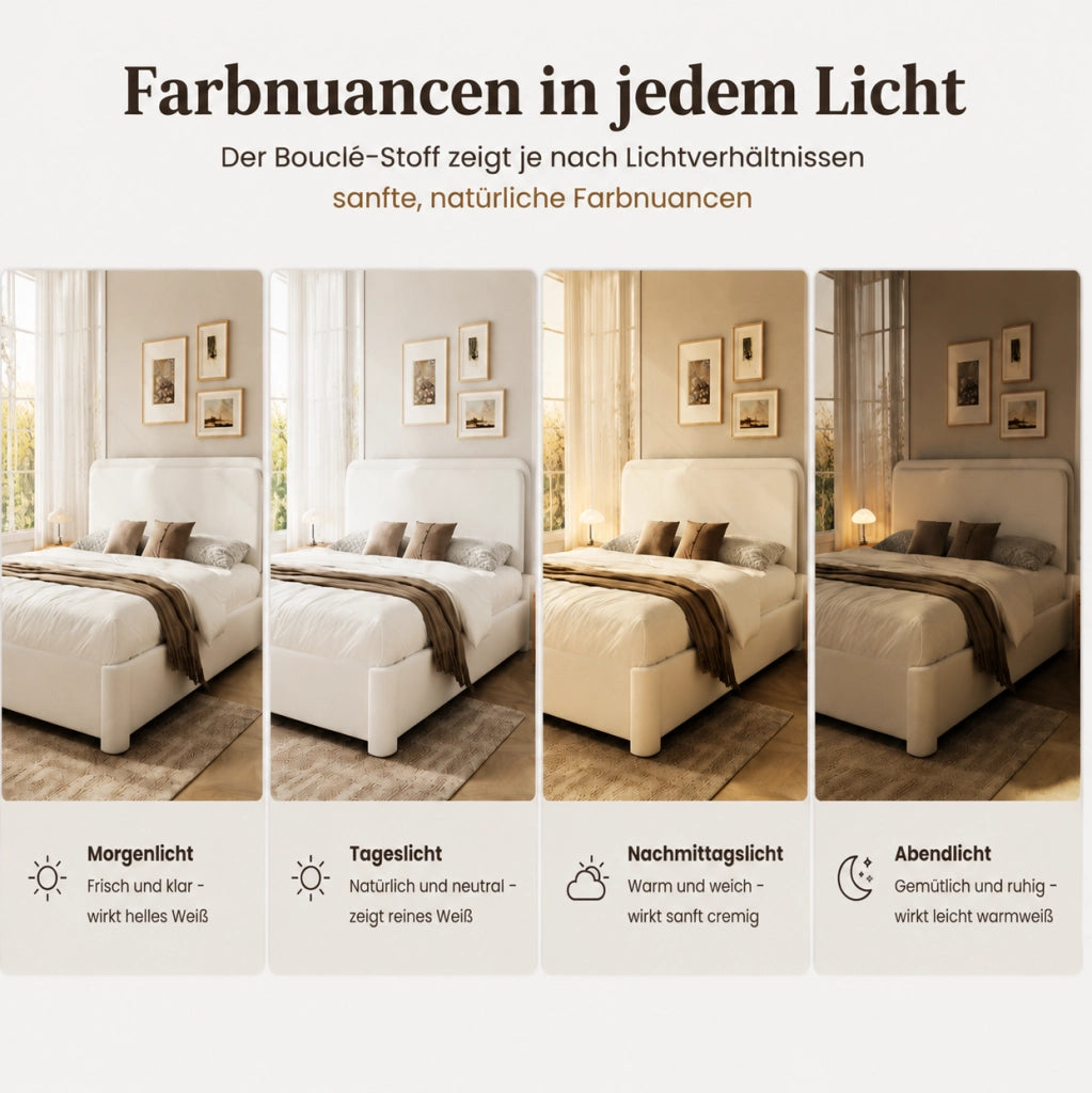 Letto matrimoniale 160x200 cm con contenitore idraulico; testiera regolabile; bouclé bianco