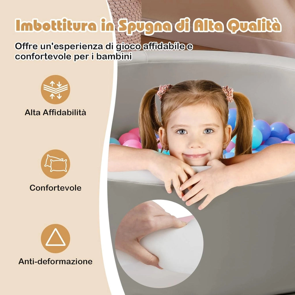 Piscina di Palline per Bambini, Vasca Rotonda con 200 Palline Colorate, Sacchetto in Rete e Copertura Rimovibile, Piscinetta in Morbida Schiuma per Soggiorno e Camera di Bambino (Grigio)