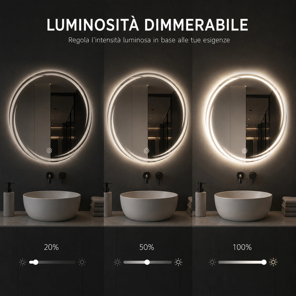 Specchio Rotondo Ø70cm con Spirale LED a 3 Colori Dimmerabile Accensione Touch