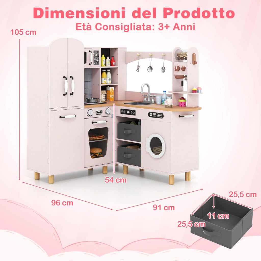 Cucina giocattolo ad angolo per bambini set cucina in legno con frigorifero a doppia porta-Cucina giocattolo con contenitori in tessuto Rosa