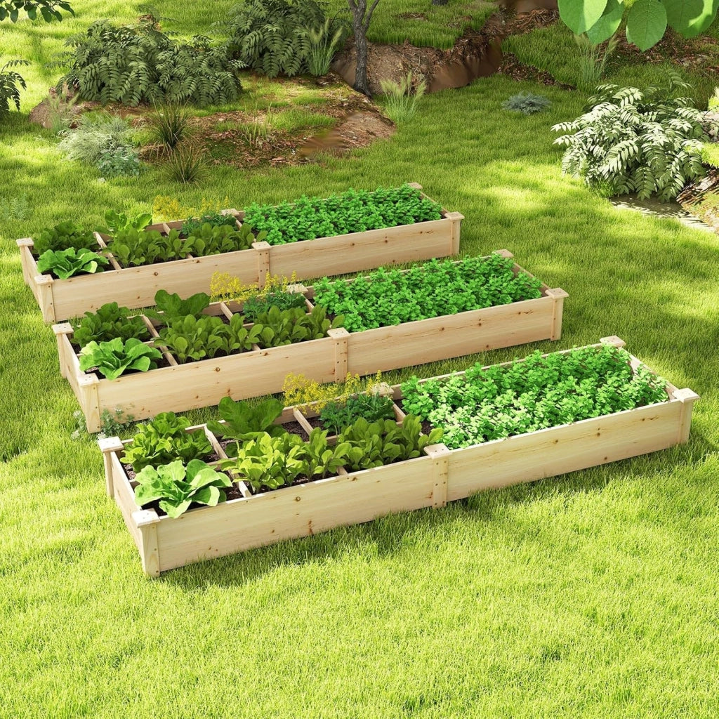Lettino da Giardino Elevato in Legno con 2 Scatole per Piante e Separatori, Fioriera da Giardino Rialzato in Legno Massiccio da 228 cm per Fiori, Verdure, Frutta e Erbe (Naturale)