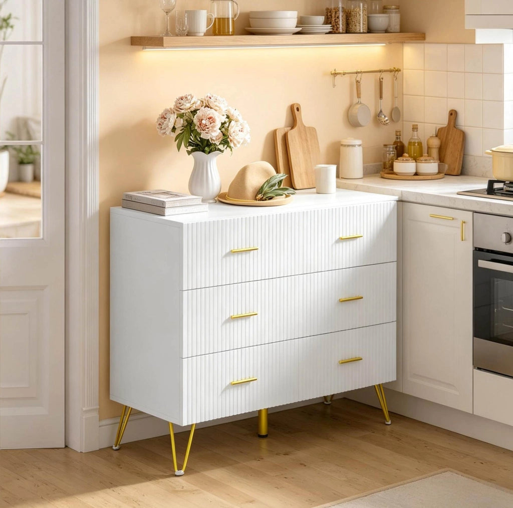 Cassettiera bianca e oro con 6 cassetti, 100 x 40 x 75 cm