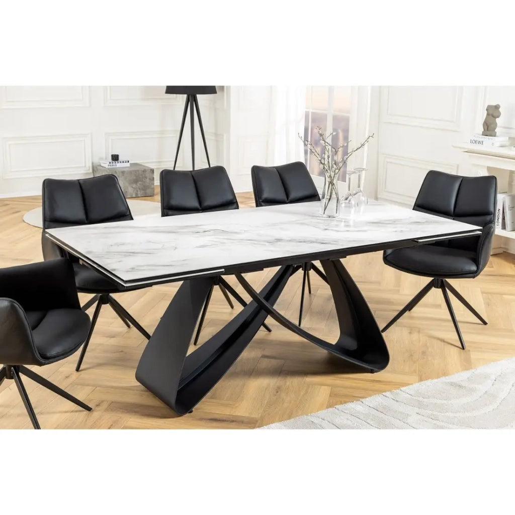 Table ZAREL – Estensibile 180 a 260 cm – Ceramica e vetro temperato – Effetto marmo bianco – Stile contemporaneo