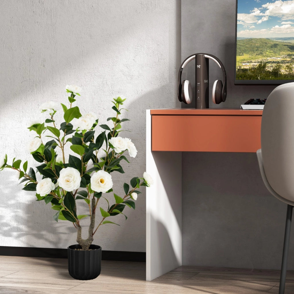 Albero di camelia artificiale da 95cm, Pianta artificiale con fiori finti in vaso di cemento Bianco-Piante artificiali