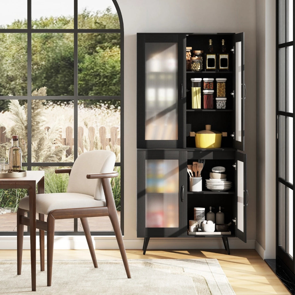 Madia autonoma con gambe in metallo per sala da pranzo soggiorno, Armadio dispensa da cucina 178,5 cm con 4 ante trasparenti Nero-Credenze buffet