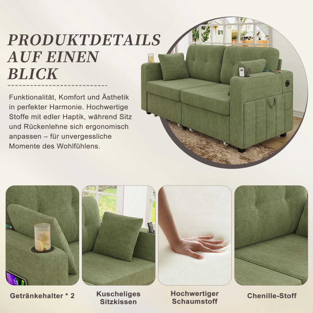 Canapé a due posti con cassetti portaoggetti, porte USB e portabicchieri in chenille oliva 172 × 75 × 82 cm