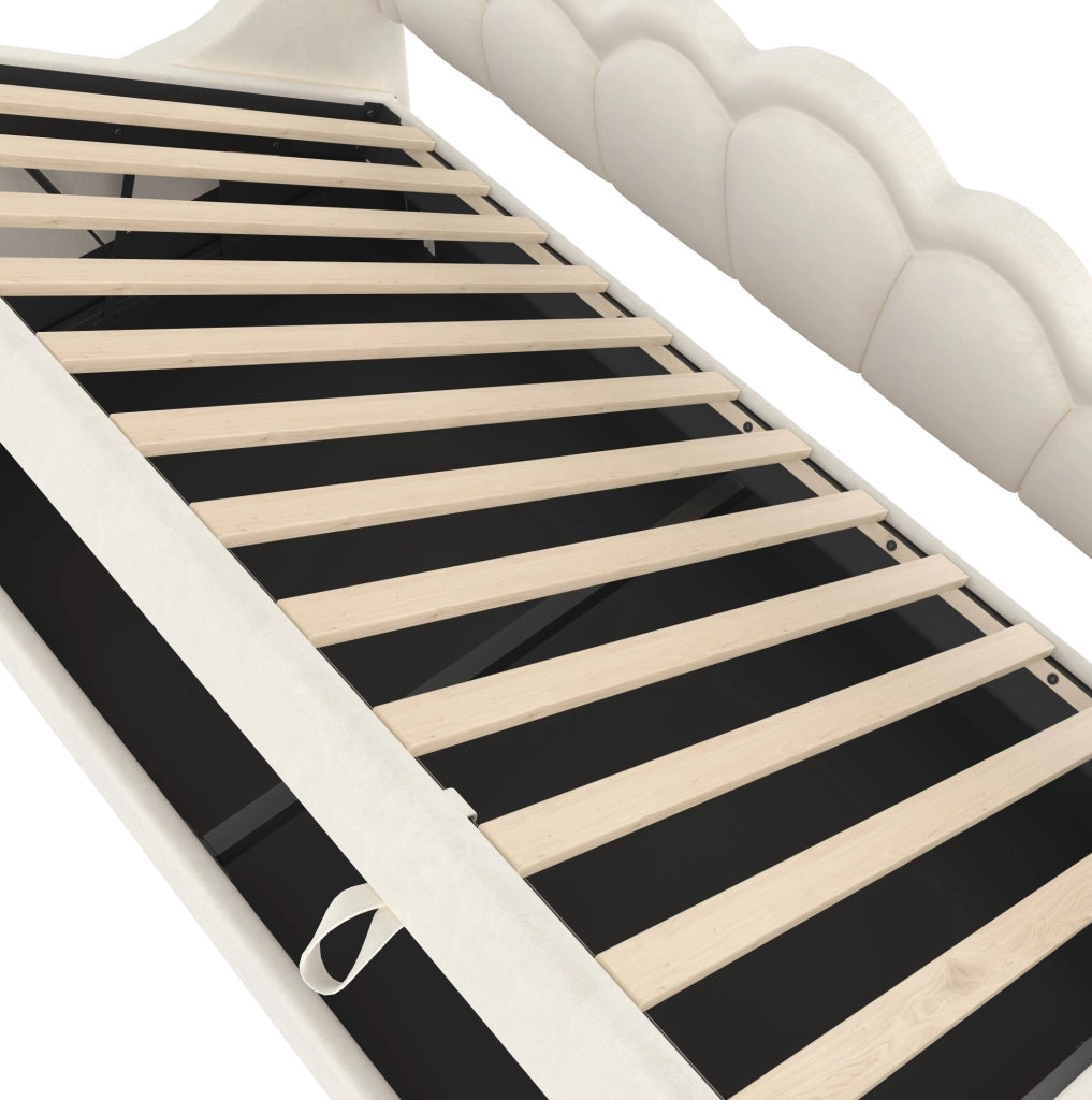 Letto a divano con contenitore 90x200 cm in velluto beige; con LED e sollevamento idraulico