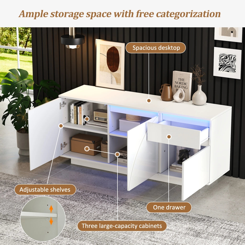 Credenza con 3 ante; 1 cassetto e LED - per soggiorno - in MDF - 140×40×60 cm - bianco