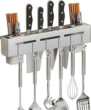 Supporto per utensili da cucina con 6 ganci, organizzatore per utensili da cucina senza perforazione, organizzatore per coltelli e accessori da cucina (argento)