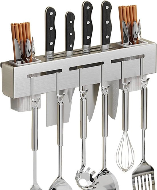 Supporto per utensili da cucina con 6 ganci, organizzatore per utensili da cucina senza perforazione, organizzatore per coltelli e accessori da cucina (argento)