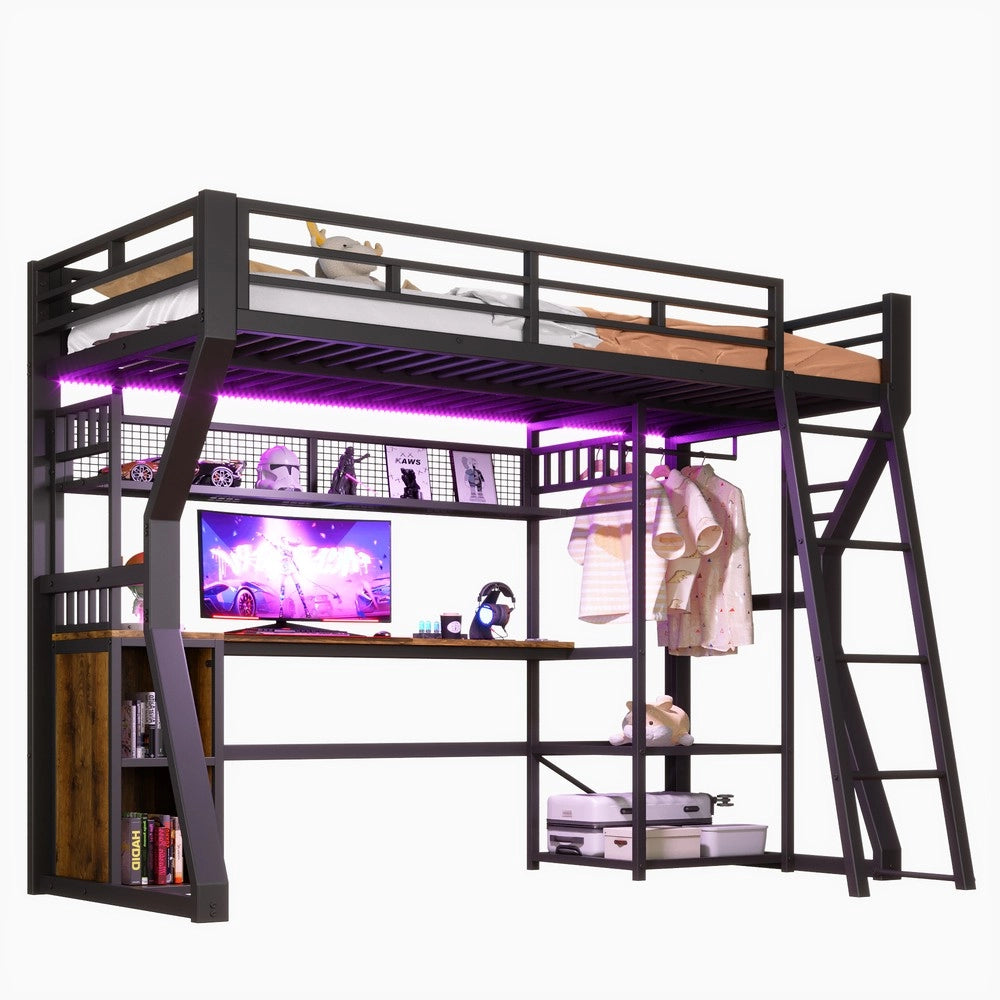 Letto a Soppalco con Scrivania e LED ¨C Xylo ¨C Nero 90x200, Metallo
