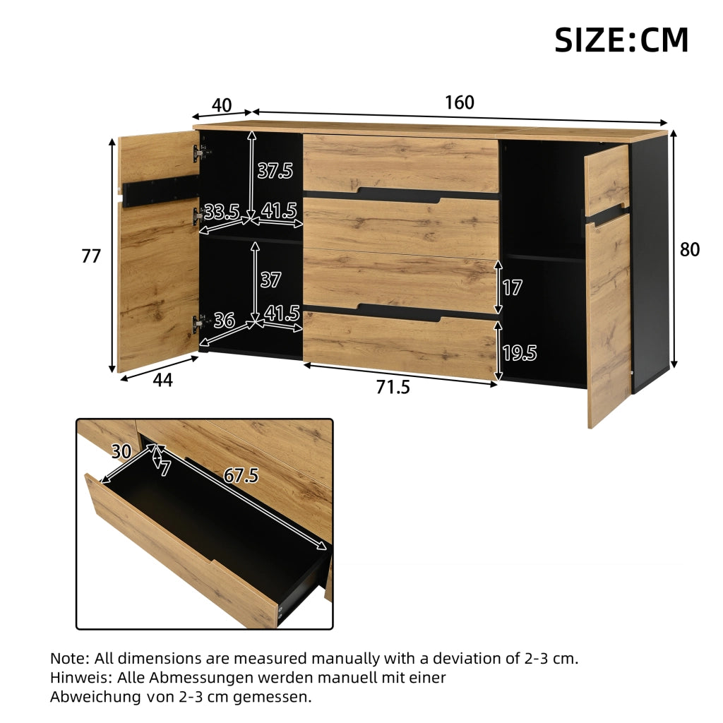 Credenza e madia con 2 ante e 4 cassetti, per soggiorno, in truciolato, color legno e nero, 160 × 40 × 80 cm