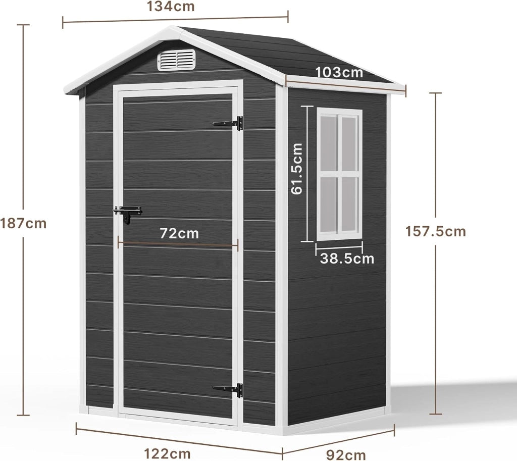 Casetta da Giardino in Resina, Capanno Porta Attrezzi Intemperie con Finestra e Ventilazione, Box Stoccaggio con Serratura per Attrezzi da Giardino, 122 x 92 x 187 cm (Nero)