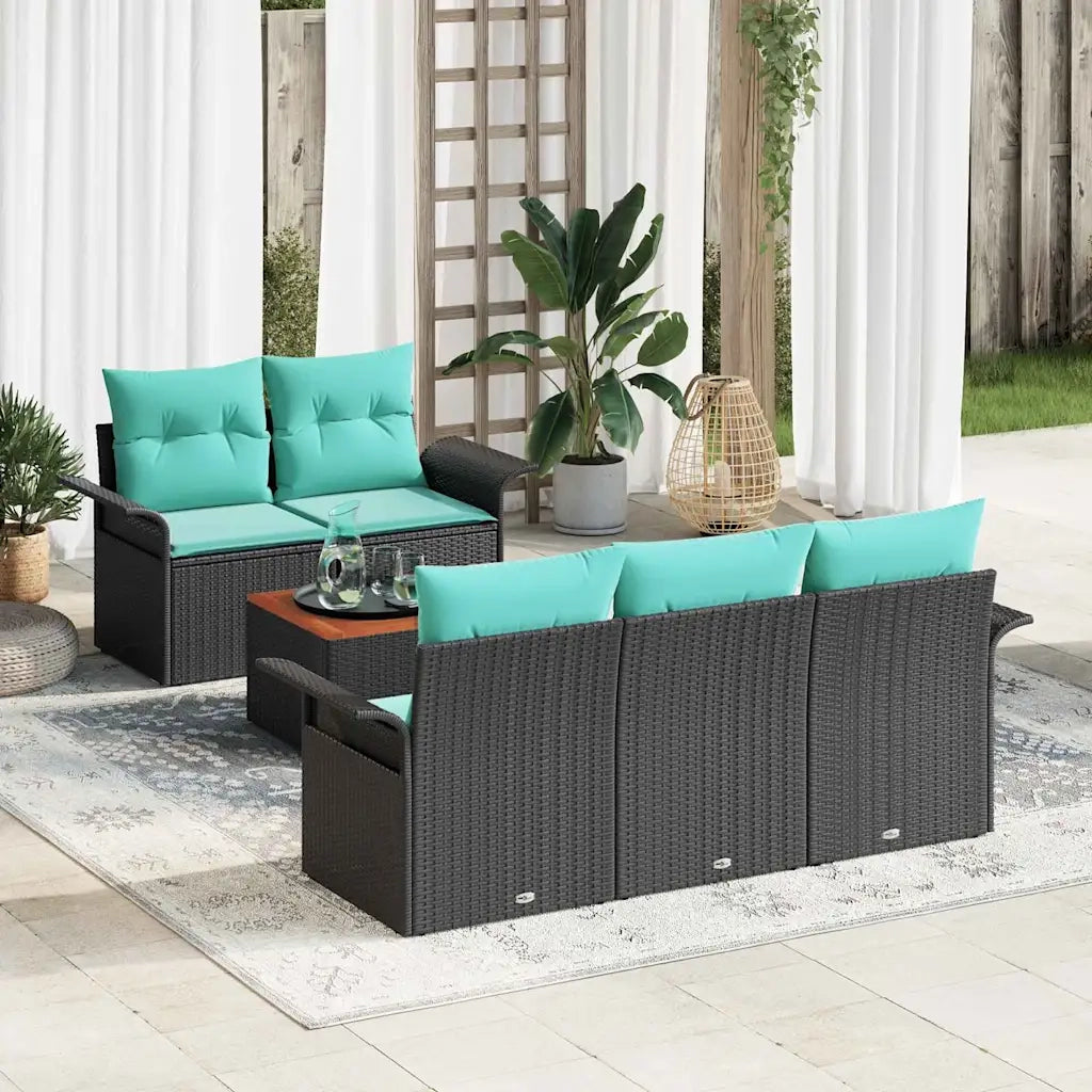 Set Divano da Giardino 6 pcs Nero e Turchese polyrattan