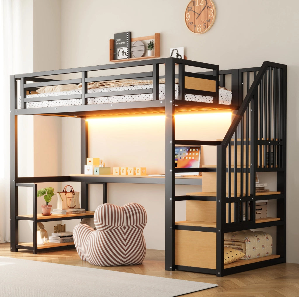 Letto a soppalco 90x200 cm con scrivania; ripiani e scala contenitore in metallo nero