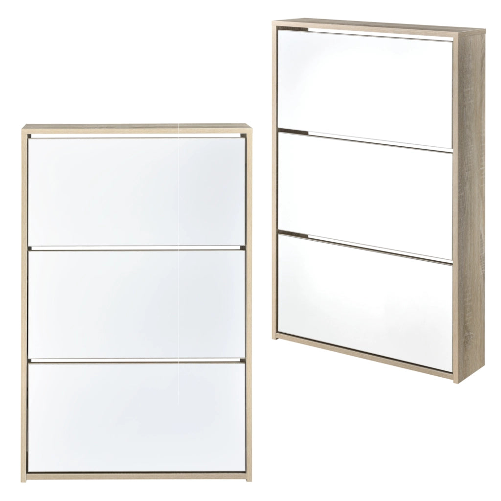 Scarpiera Stretta Lund con Ante a Specchio e 3 Contenitori Ribaltabili - Effetto Rovere Sonoma [en.casa]