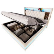 Letto contenitore matrimoniale 160×200 cm con testiera; LED; USB e Type-C; senza materasso; velluto; beige