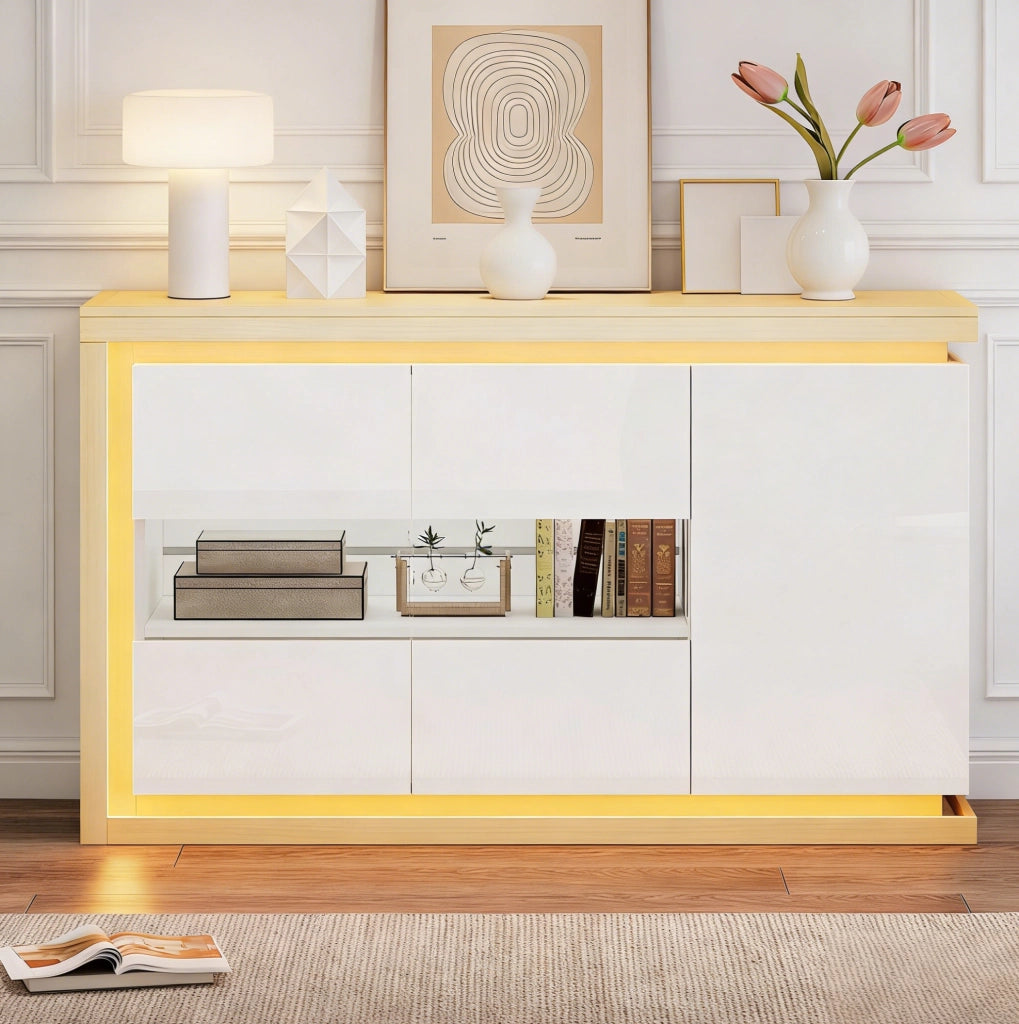 Credenza 140x40x84 cm con LED, vetro temperato e 3 ante