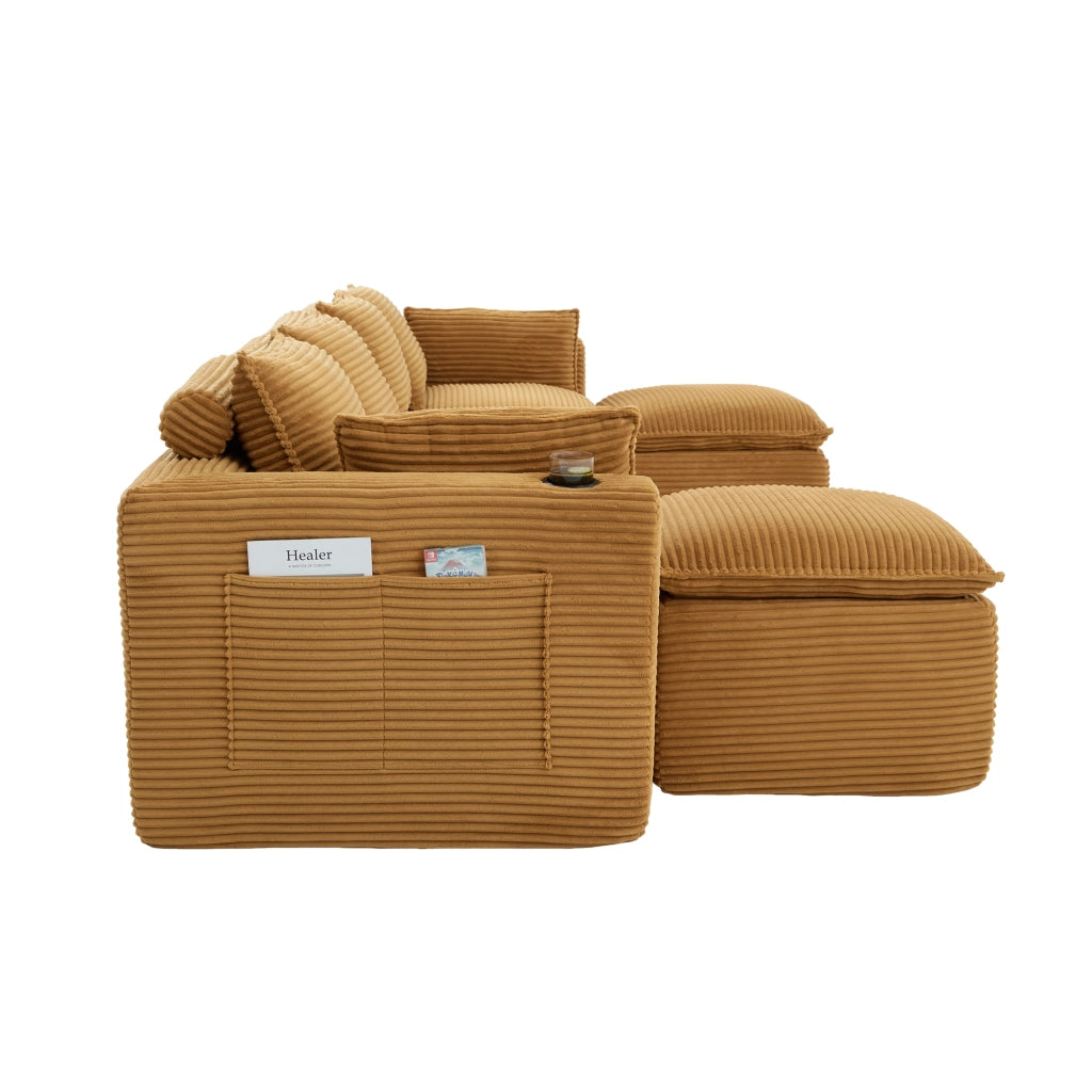 Divano Modulare 4 Posti con Poggiapiedi, Cuscini, Portabicchieri e Tasche ¨C MINIMAL ¨C Velluto a Coste Arancione