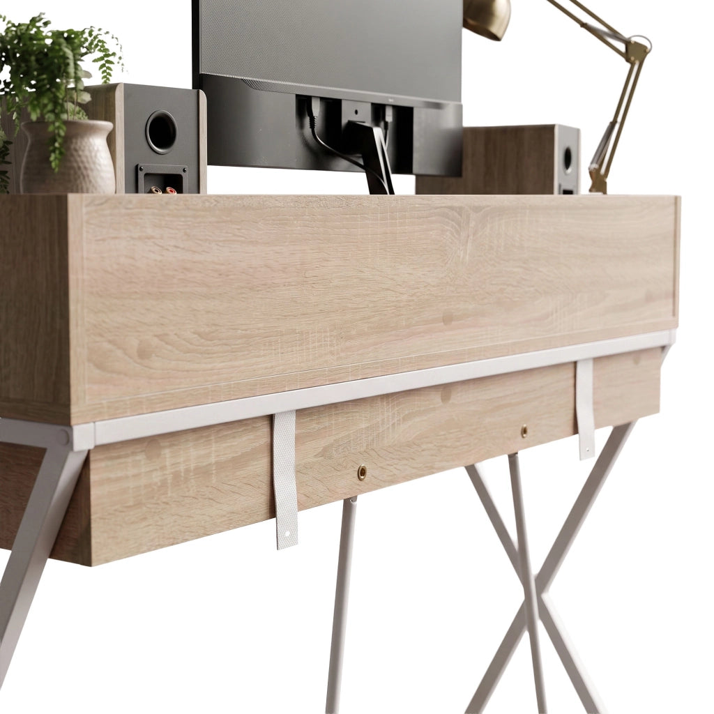 Scrivania PC industriale Rovere Sonoma FLEXO 100 cm 1 cassetto 1 ripiano gambe bianche