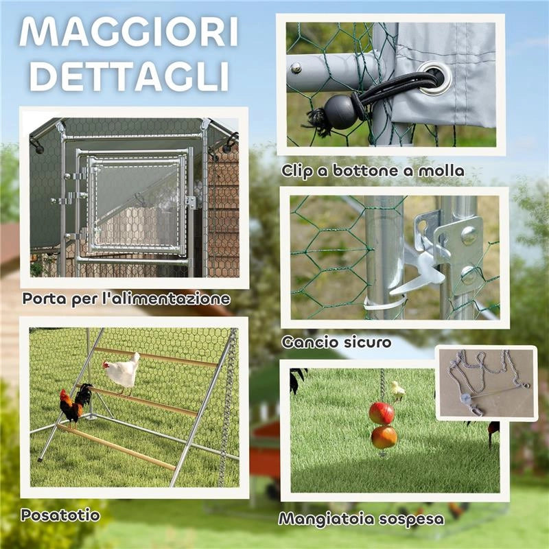 RECINTO PER GALLINE DA 6M¦ PER 6-8 ANIMALI CON TETTO IMPERMEABILE MANGIATOIA E POSATOIO 3X2X1.9M ARGENTO