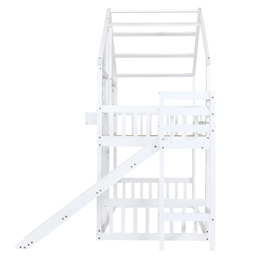 Letto a castello 90x200 cm con scivolo e finestre in legno e MDF bianco