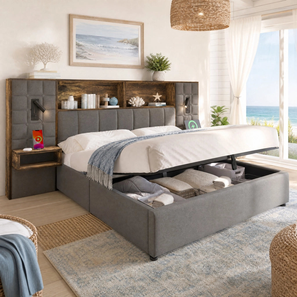 Letto imbottito grigio 160x200 con luci, ricarica e spazio contenitivo